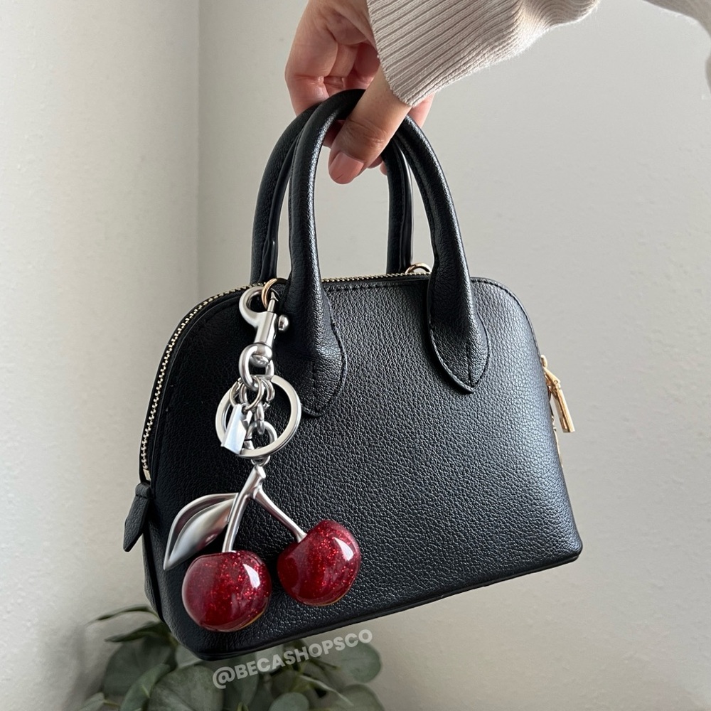New Cherry Bag Charm Keychain Glitter Resin and Silver Metal Apple Red